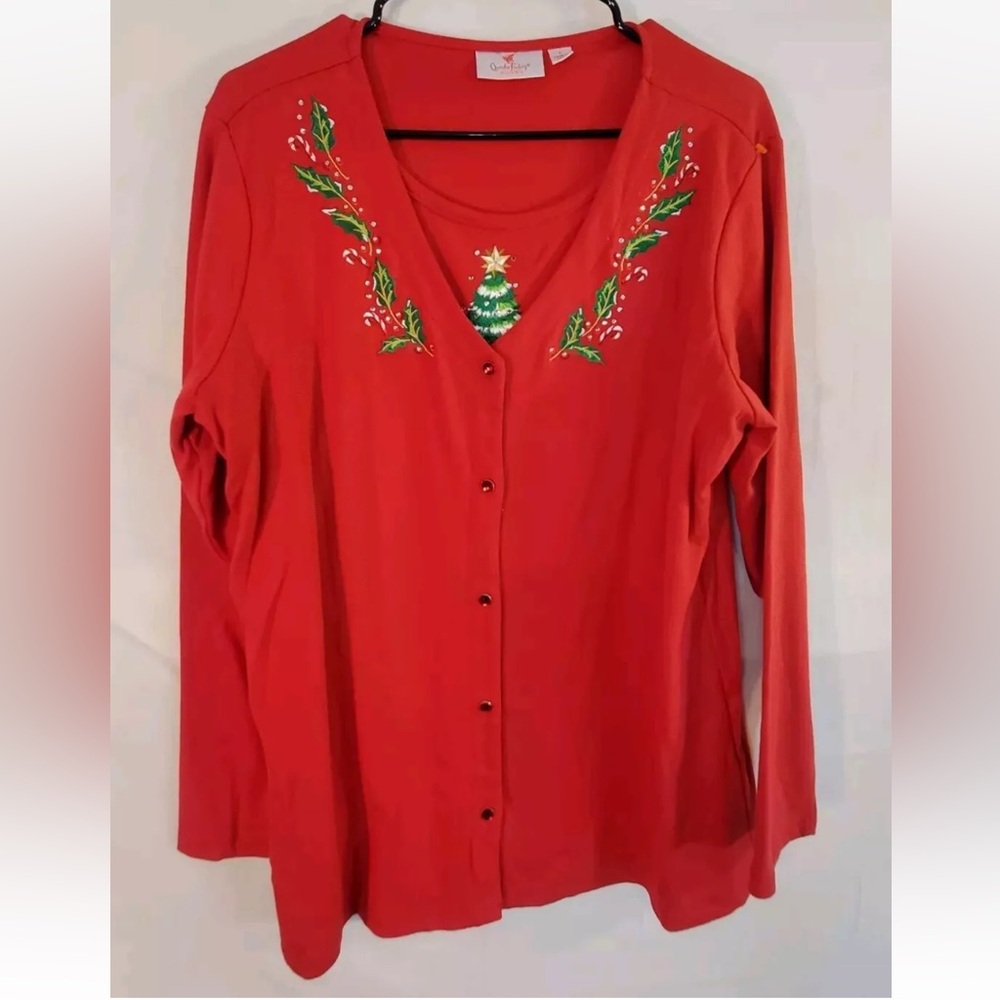Quacker Factory Women's Large Red Long Sleeve Faux Cardigan